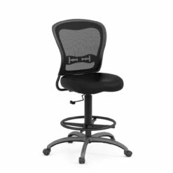 OfficeSource | Spice | Armless, Mesh Back Task Stool With Black Leather Seat, Footring And Titanium Steel Base