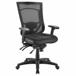 OfficeSource | CoolMesh Pro Collection | Multi-Function, High Back Chair With Leather Upholstered Seat, Adjustable Arms And Black Frame